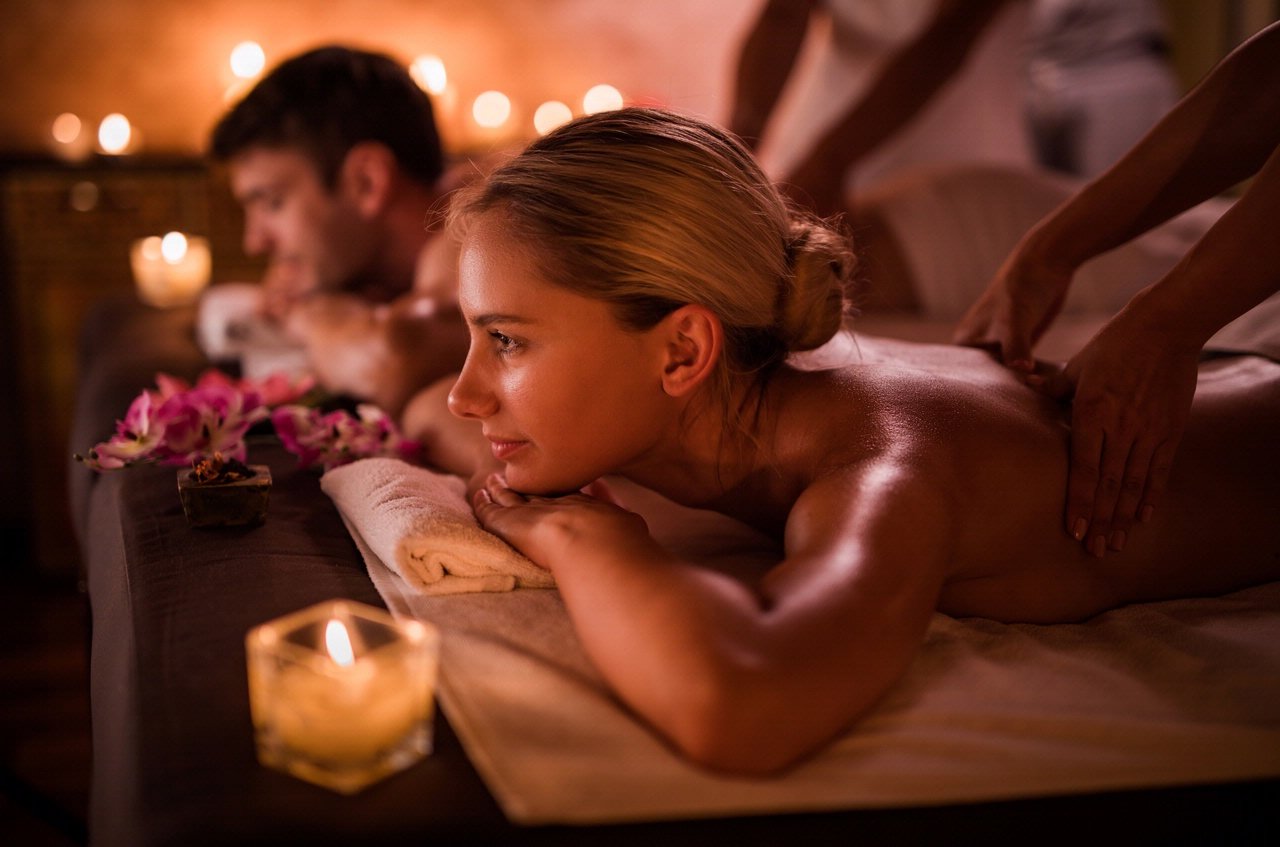 Pareja recibiendo masajes en el spa